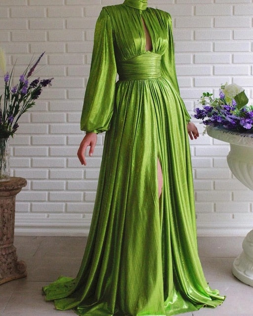 Women's New Autumn Halter Sexy Avocado Green Dress Maxi Party Runway Dress Split Spring Elegant Vestido Green-0