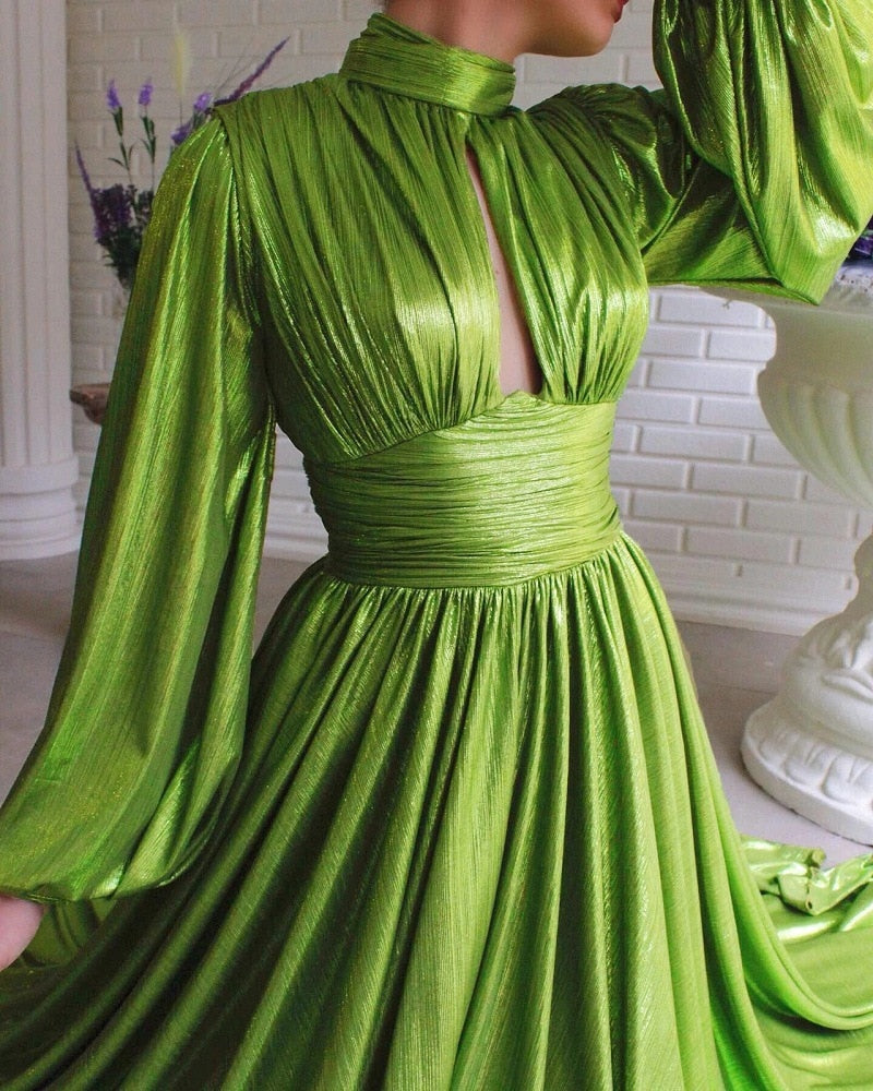 Women's New Autumn Halter Sexy Avocado Green Dress Maxi Party Runway Dress Split Spring Elegant Vestido Green-12