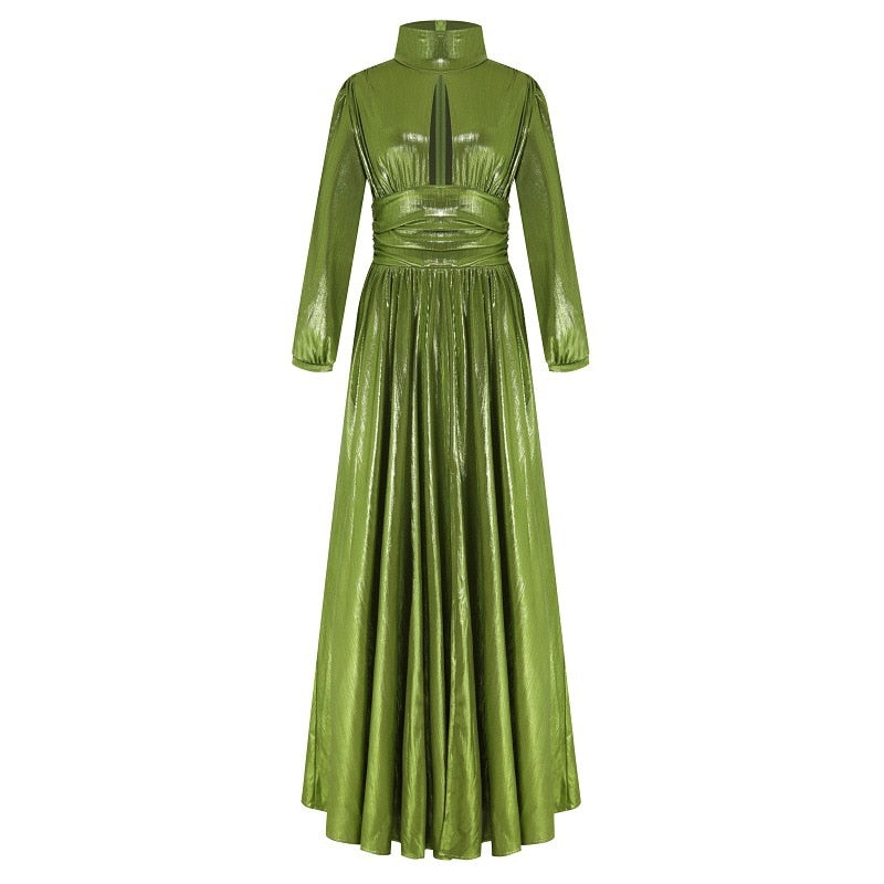 Women's New Autumn Halter Sexy Avocado Green Dress Maxi Party Runway Dress Split Spring Elegant Vestido Green-10