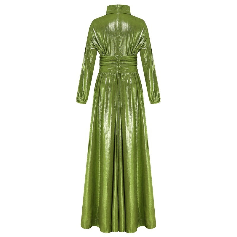 Women's New Autumn Halter Sexy Avocado Green Dress Maxi Party Runway Dress Split Spring Elegant Vestido Green-11